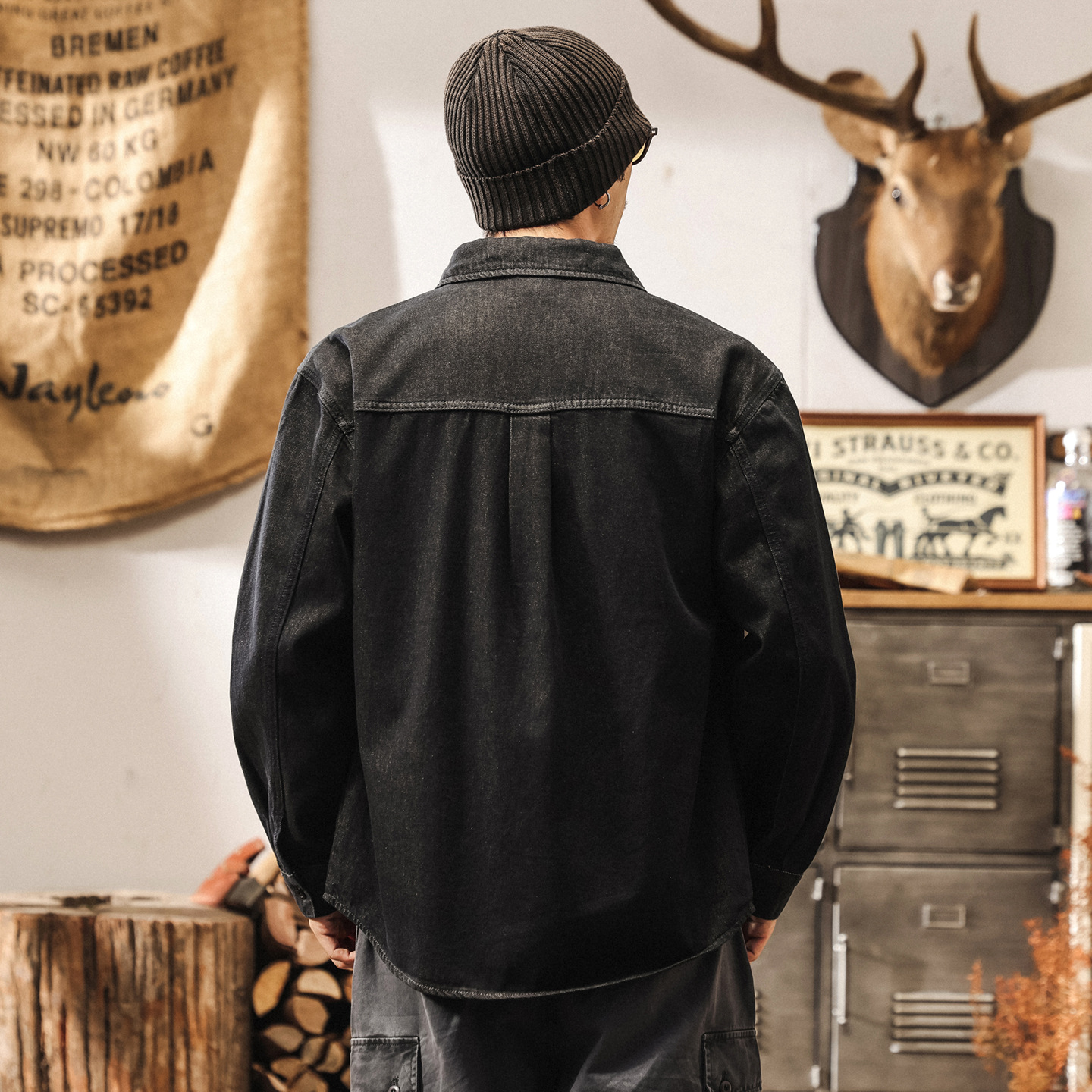 美式復古活性不掉色黑色牛仔襯衫男長袖外套春秋新款休閒工裝襯衣