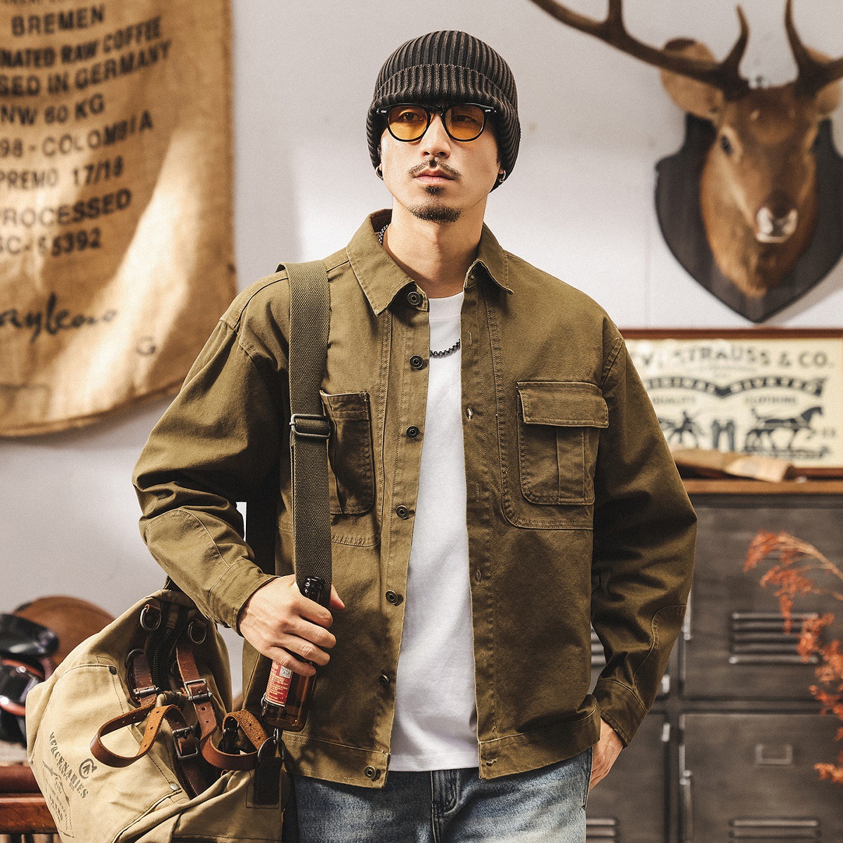 美式復古重磅工裝襯衫男長袖春秋新款潮牌寬鬆硬漢獵裝夾克外套男
