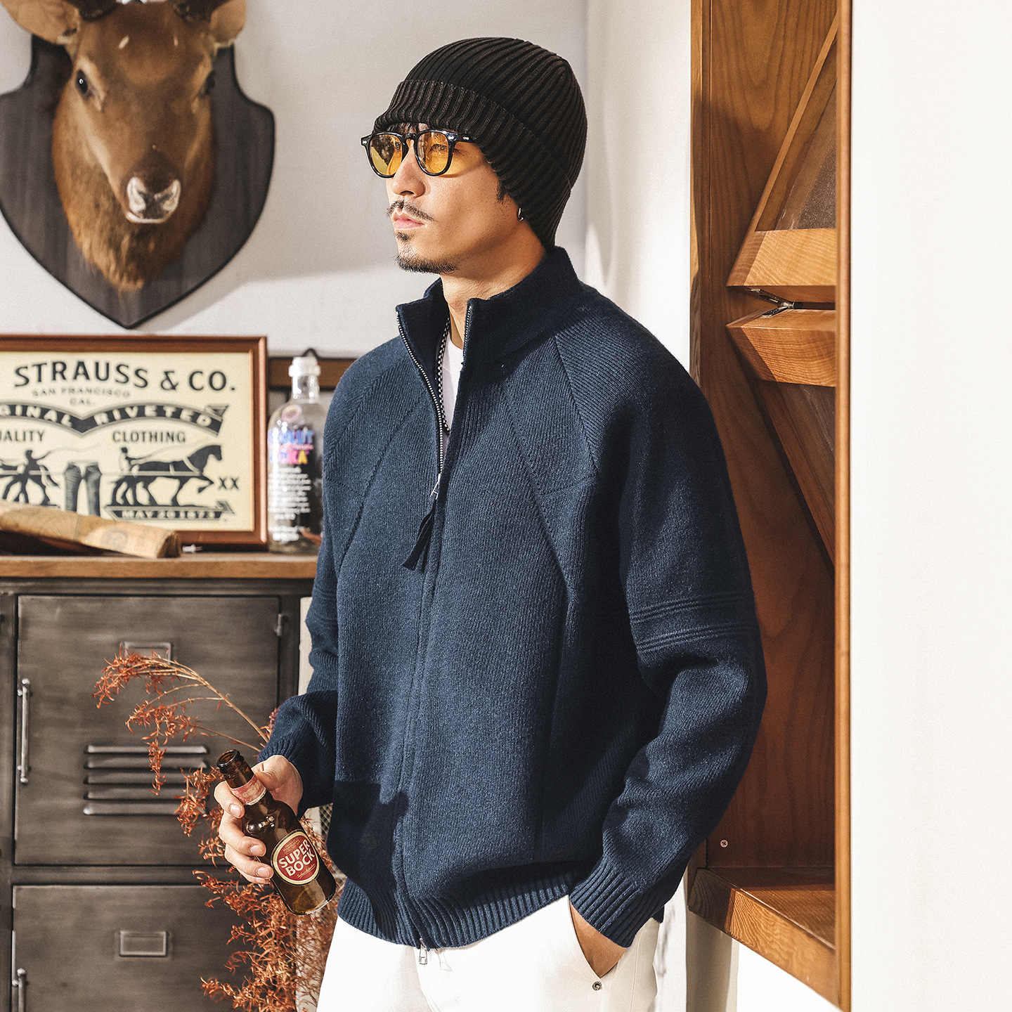 美式復古7針重磅開衫毛衣男春秋雙拉鍊半高領針織衫外套男士秋冬