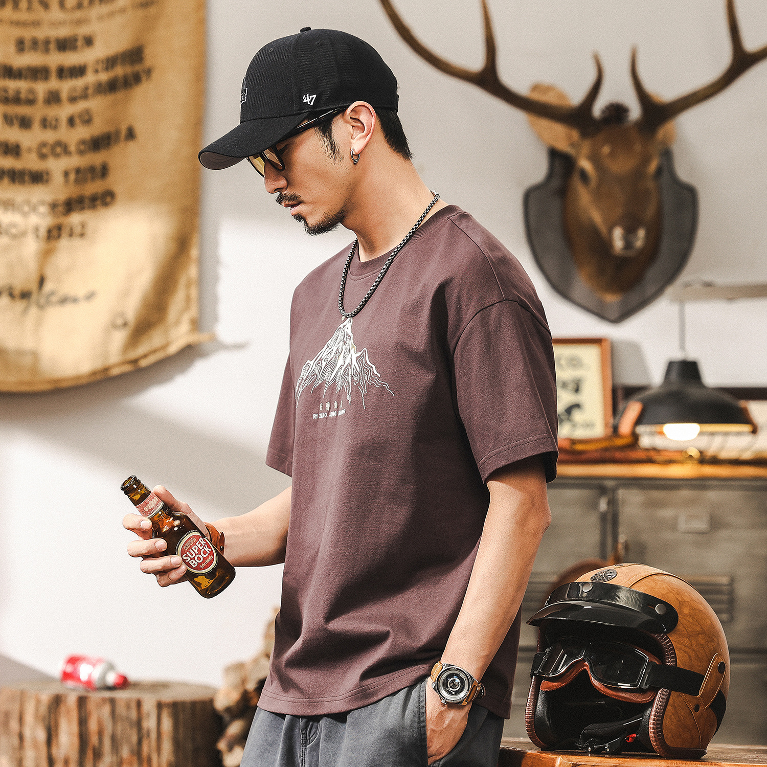 日照金山刺繡230g重磅T恤男士短袖夏季2025新款美式潮牌上衣