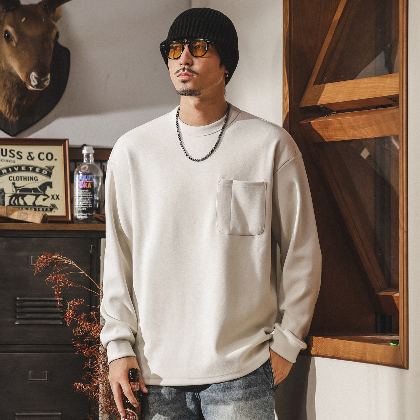 美式復古410g重磅賽爾絨衛衣男春秋新款寬鬆基礎純色內搭打底衫男