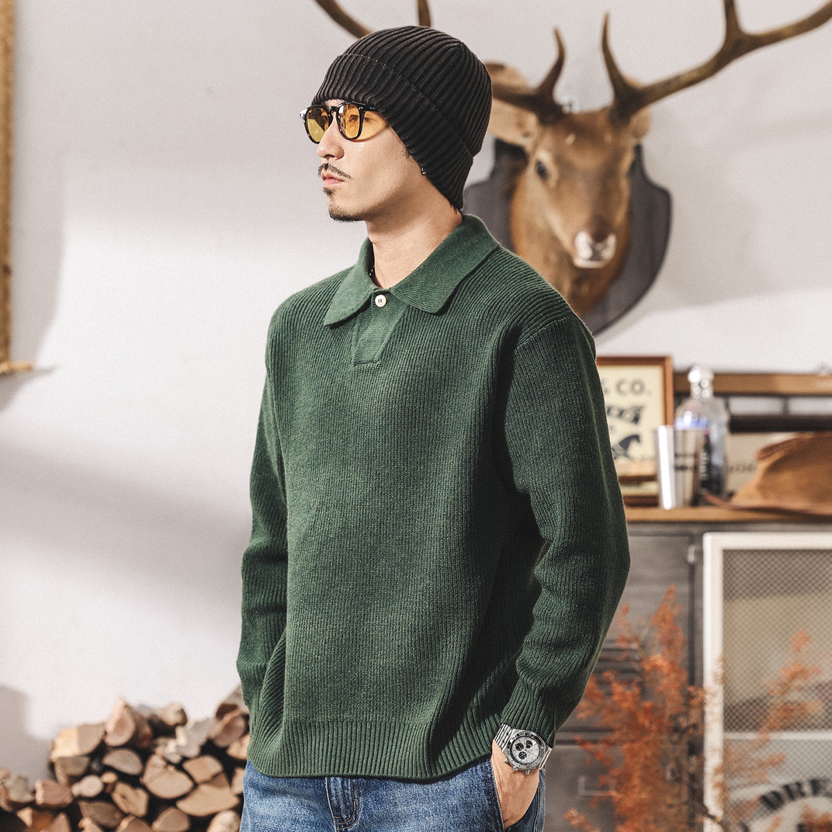 美式復古Polo馬球領毛衣男秋冬新款輕熟寬鬆毛線衣休閒男士針織衫