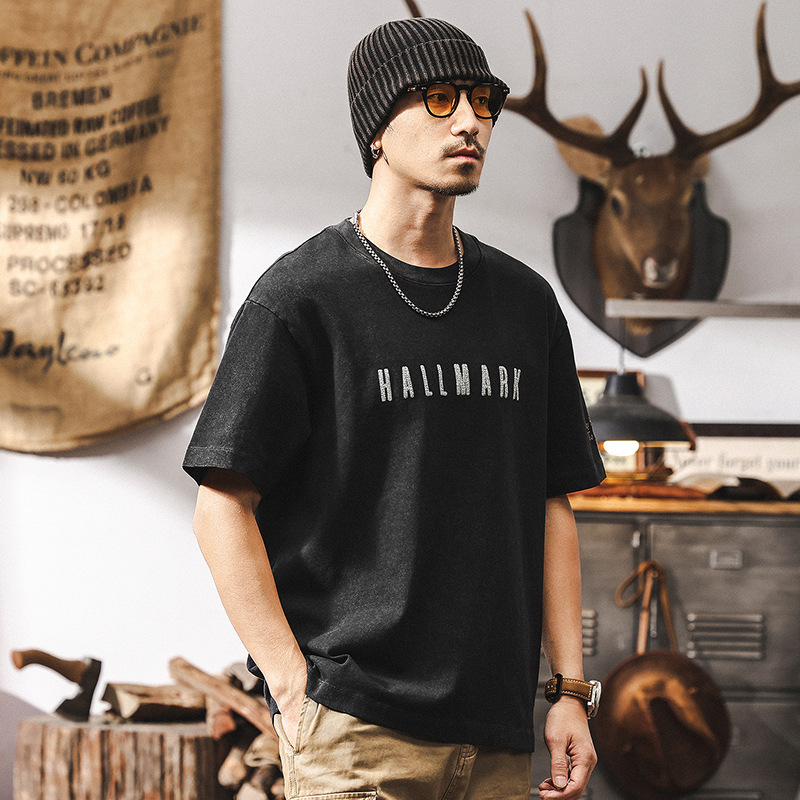 水洗刺繡T恤男士夏季2025新款短袖男寬鬆美式復古休閒上衣男