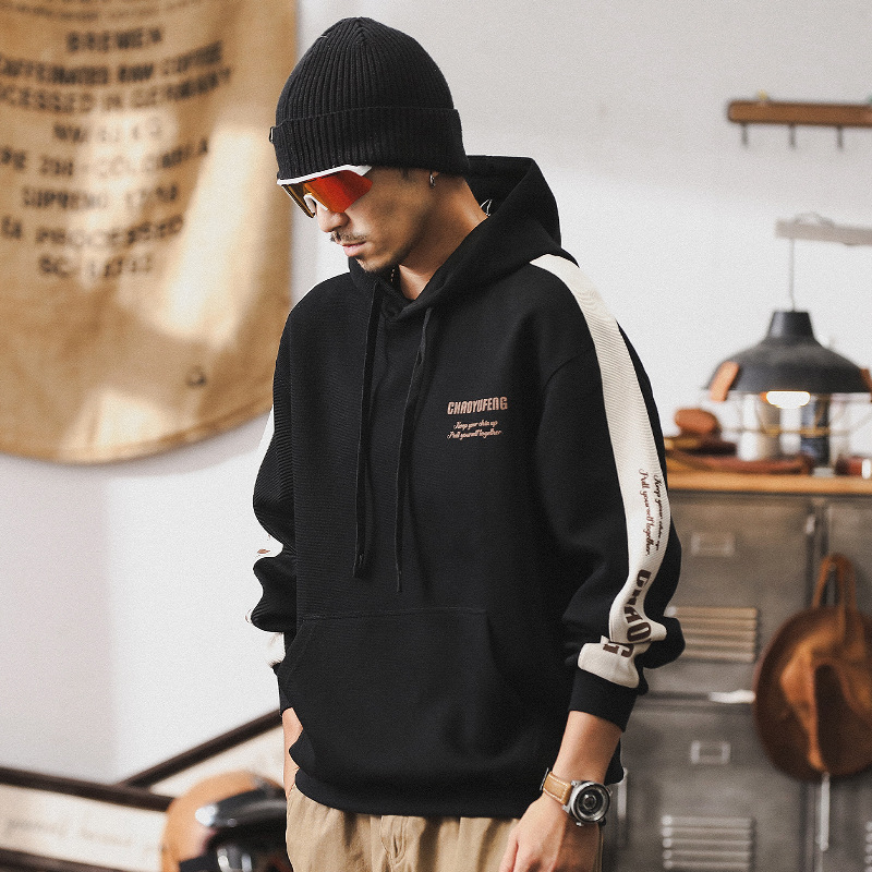 美式360g重磅衛衣男秋季潮牌撞色休閑寬松上衣男連帽外套男春秋款