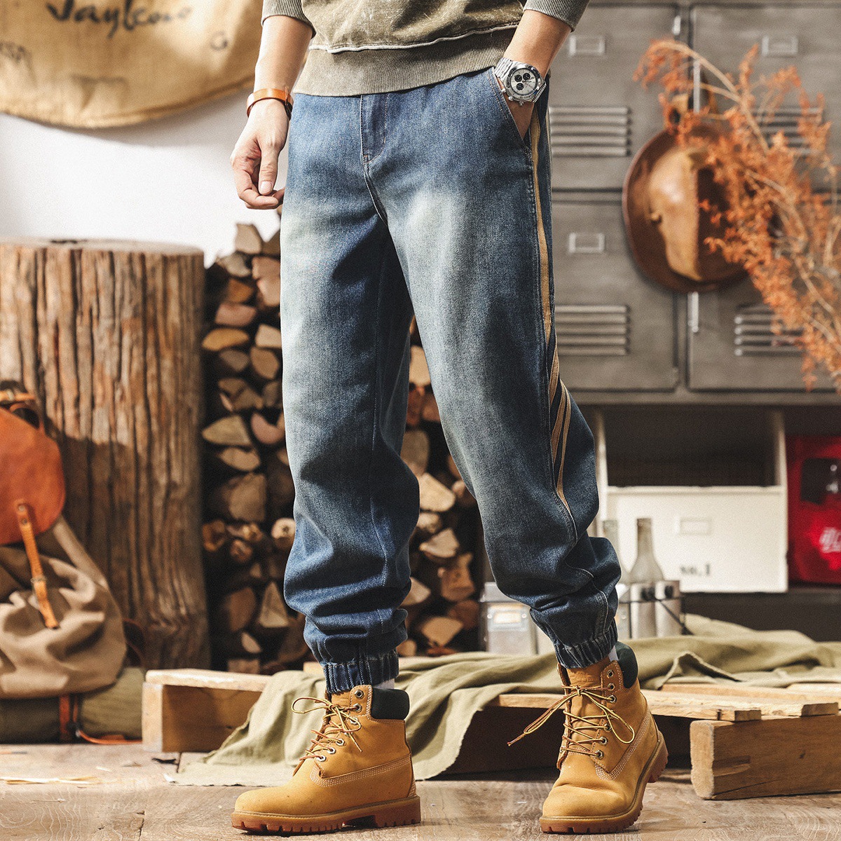 美式復古重磅水洗牛仔褲男款春季潮牌拼接工裝褲子男士寬鬆休閒褲