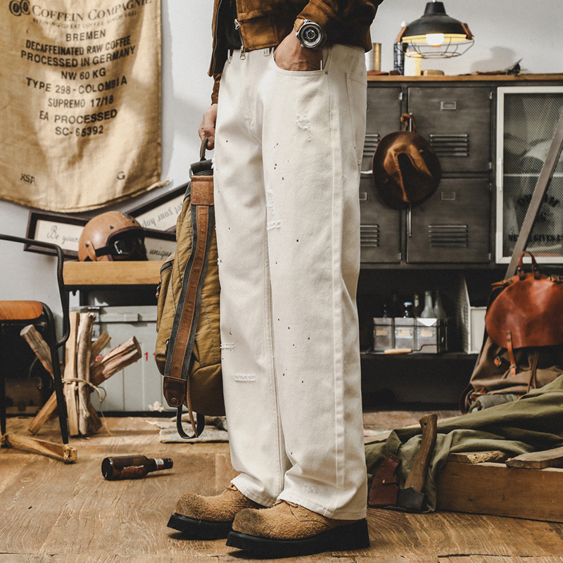 美式潮牌潑墨直筒牛仔褲男秋季寬松破洞休閑潮流白色褲子男春秋款