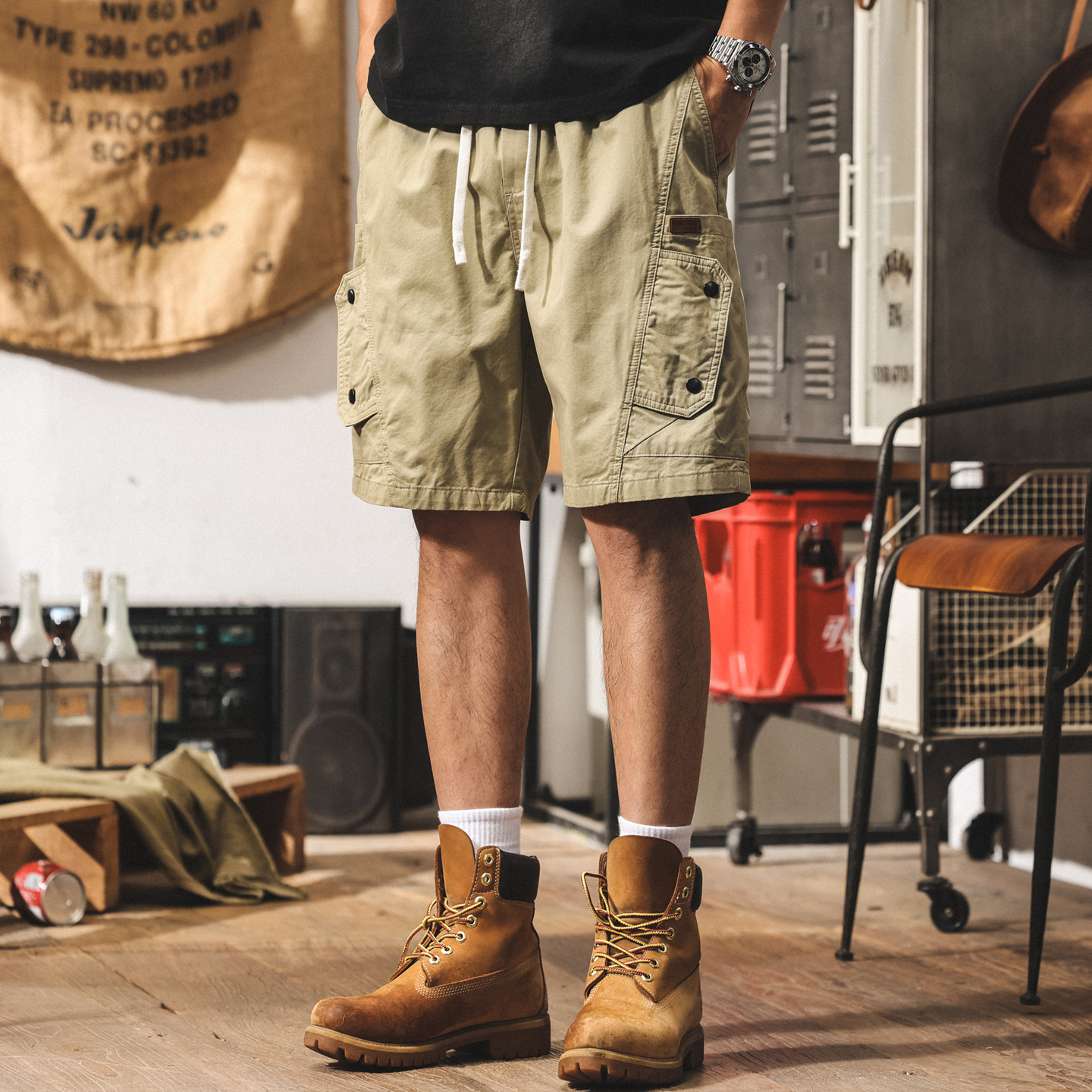 美式卡其色工裝短褲男夏季新款2025潮牌五分褲子寬鬆休閒中褲子男