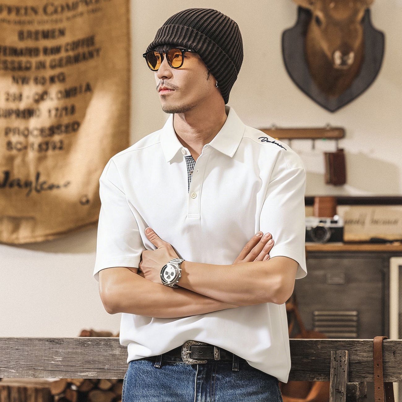 美式復古男士Polo短袖男士T恤夏季2026新款潮牌寬鬆亨利衫男