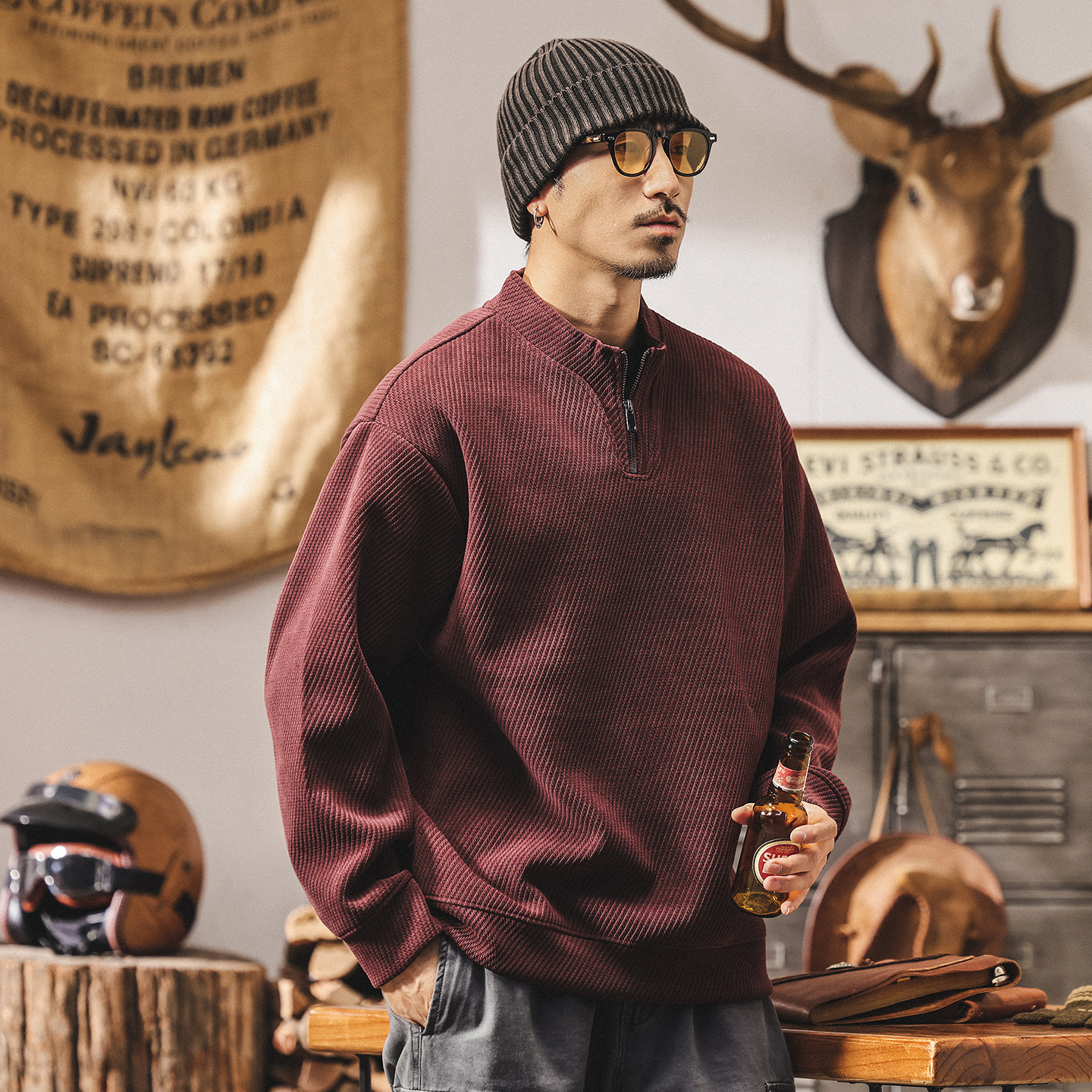 美式復古拉鍊半高領重磅衛衣男春秋新款立領寬鬆潮流休閒男士外套