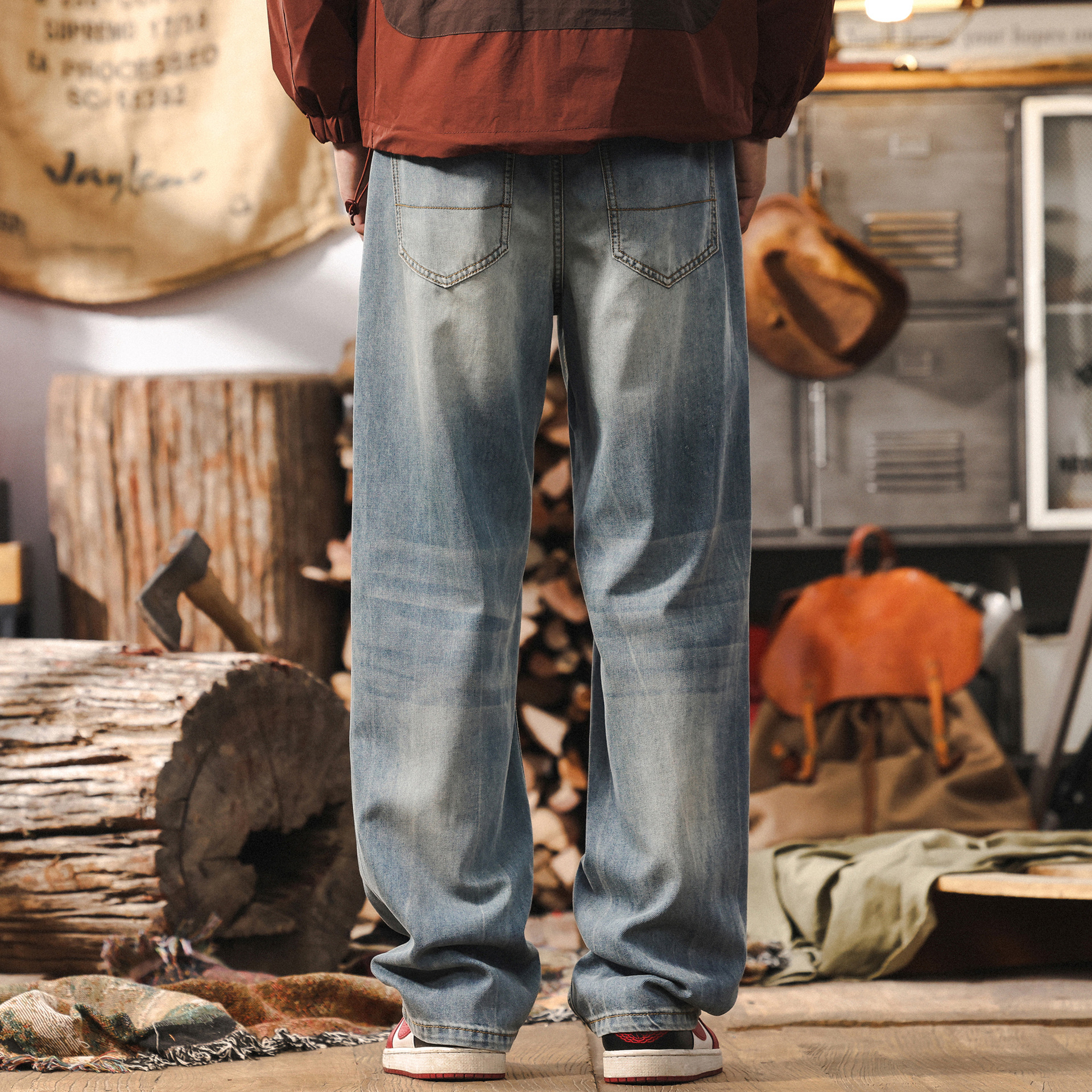 高級感漢麻涼感萊賽爾薄款牛仔褲男士寬鬆直筒休閒美式復古長褲男