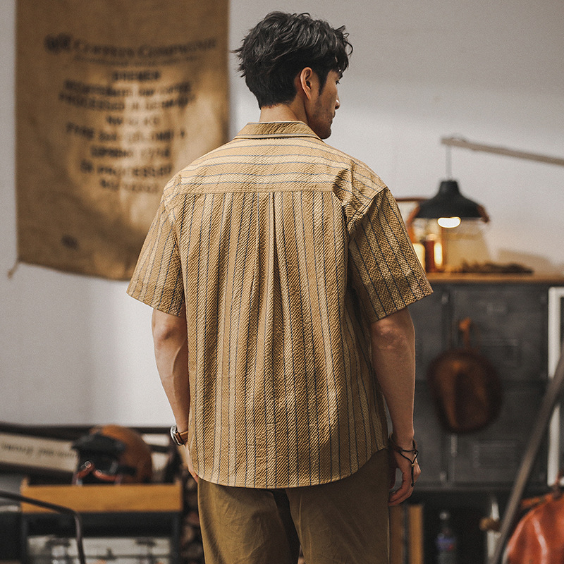 杰雷諾美式潮牌短袖襯衫男士條紋寬鬆夏季夏威夷休閒工裝襯衣男裝