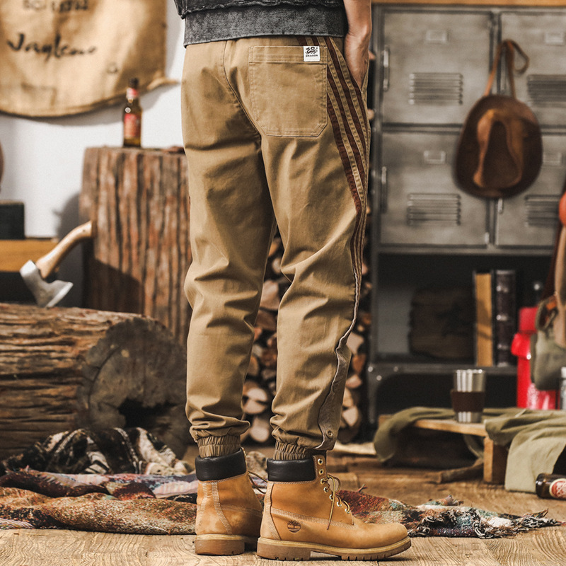 美式復古條紋拼接工裝褲子男秋季潮牌寬鬆卡其色束腳男士休閒長褲