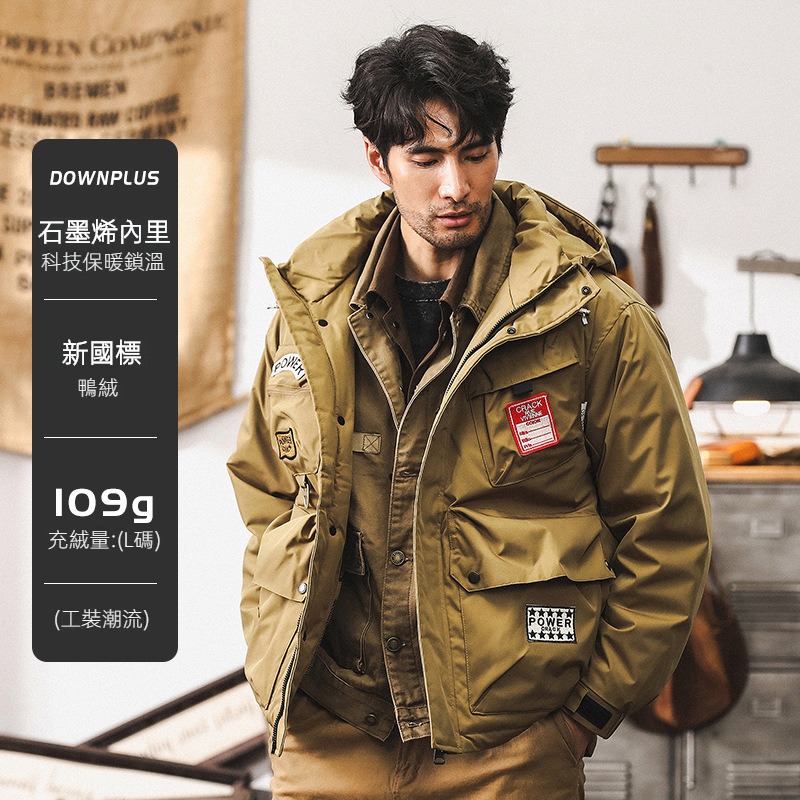 美式復古多口袋工裝羽絨服男冬季加厚戶外連帽戰術機能風獵裝外套
