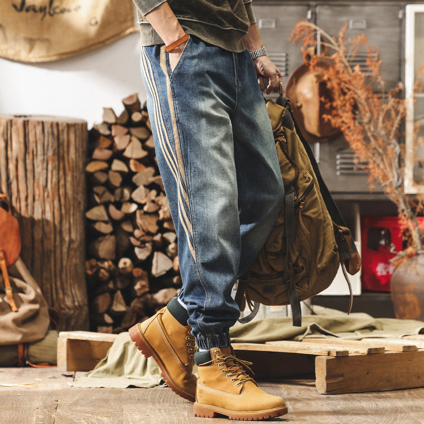 美式復古重磅水洗牛仔褲男款春季潮牌拼接工裝褲子男士寬鬆休閒褲