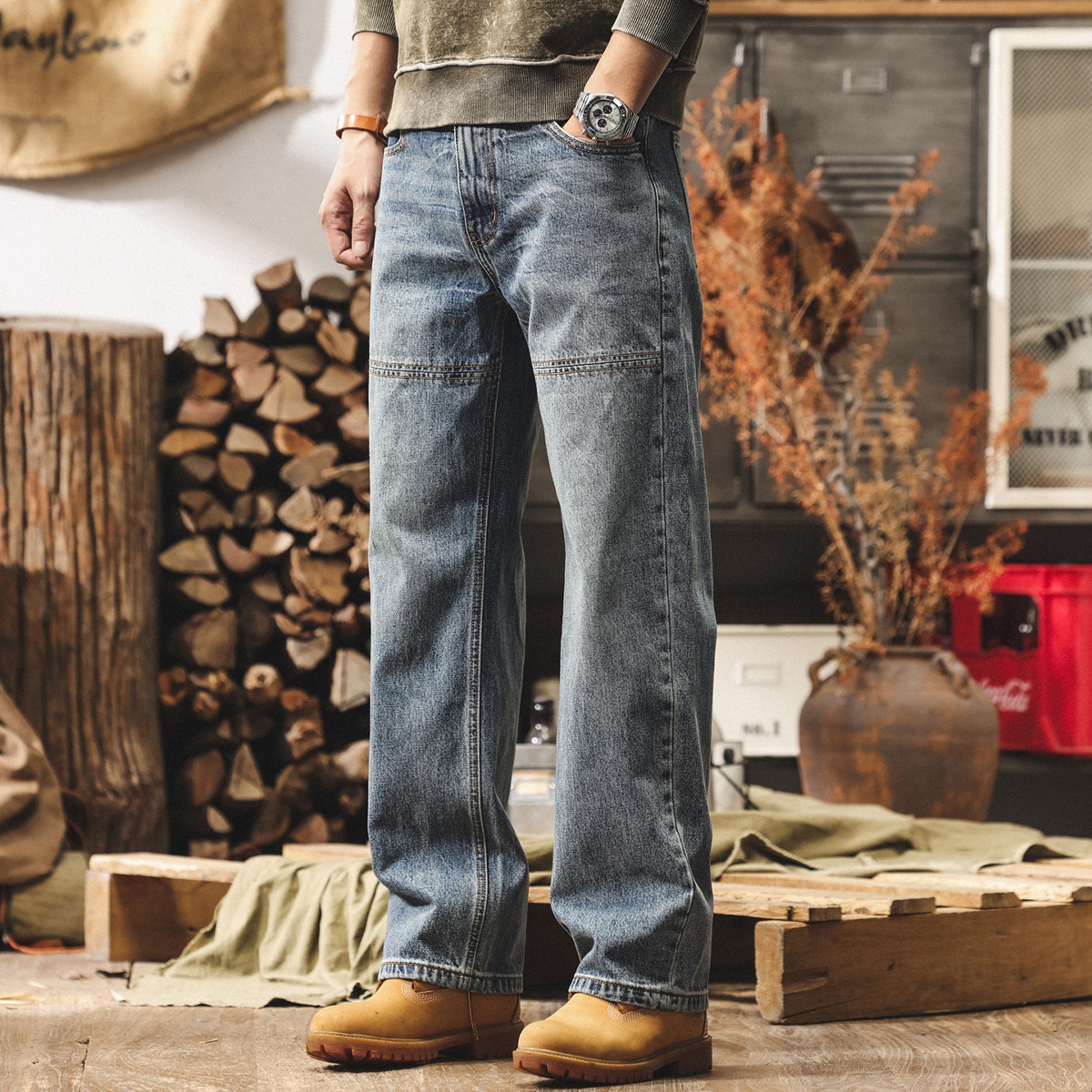 美式復古重磅水洗牛仔褲春季新款潮牌闊腿長褲子男寬鬆直筒休閒褲