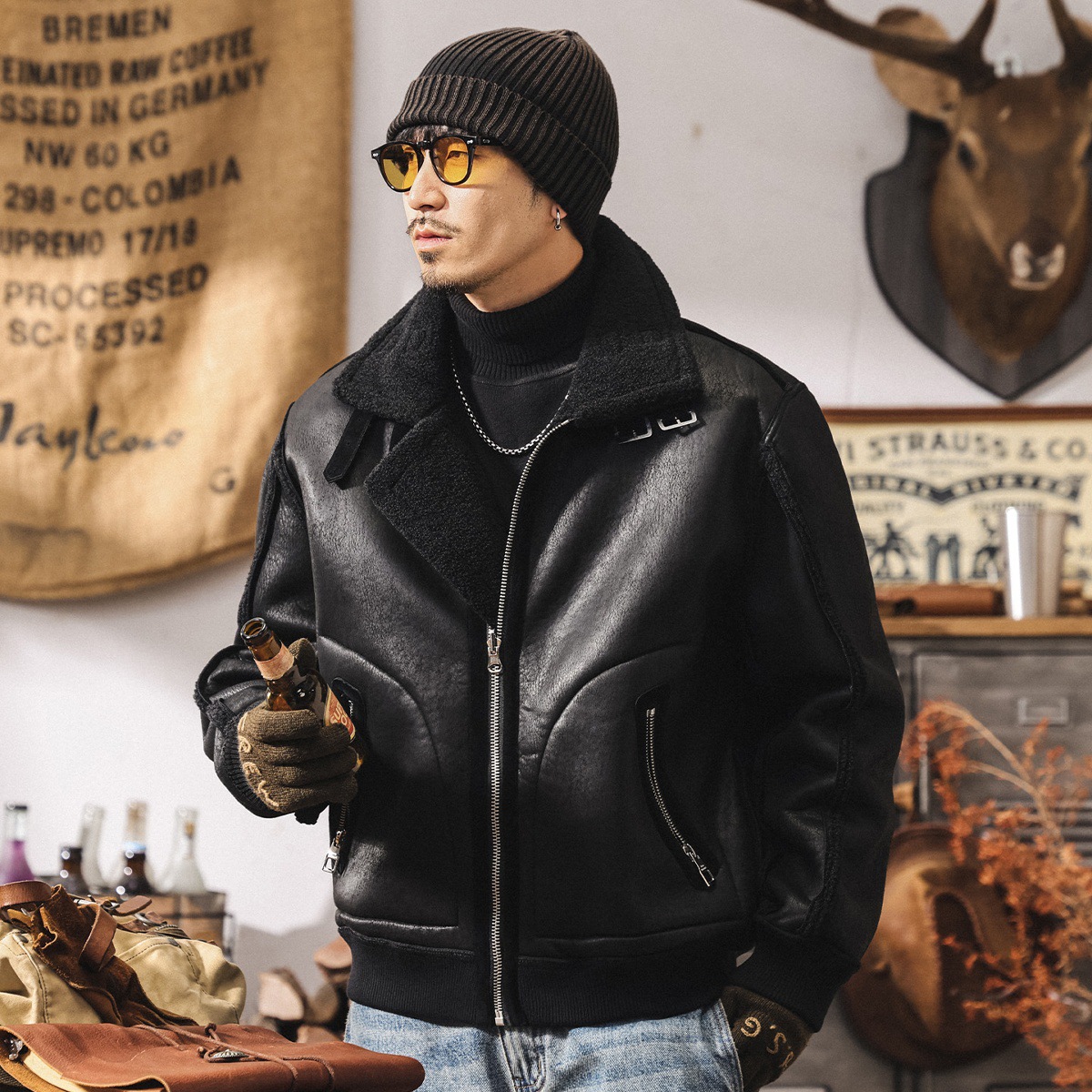 雙面穿皮毛一體羊羔絨棉服男士棉襖冬季加厚保暖潮牌機車皮衣外套