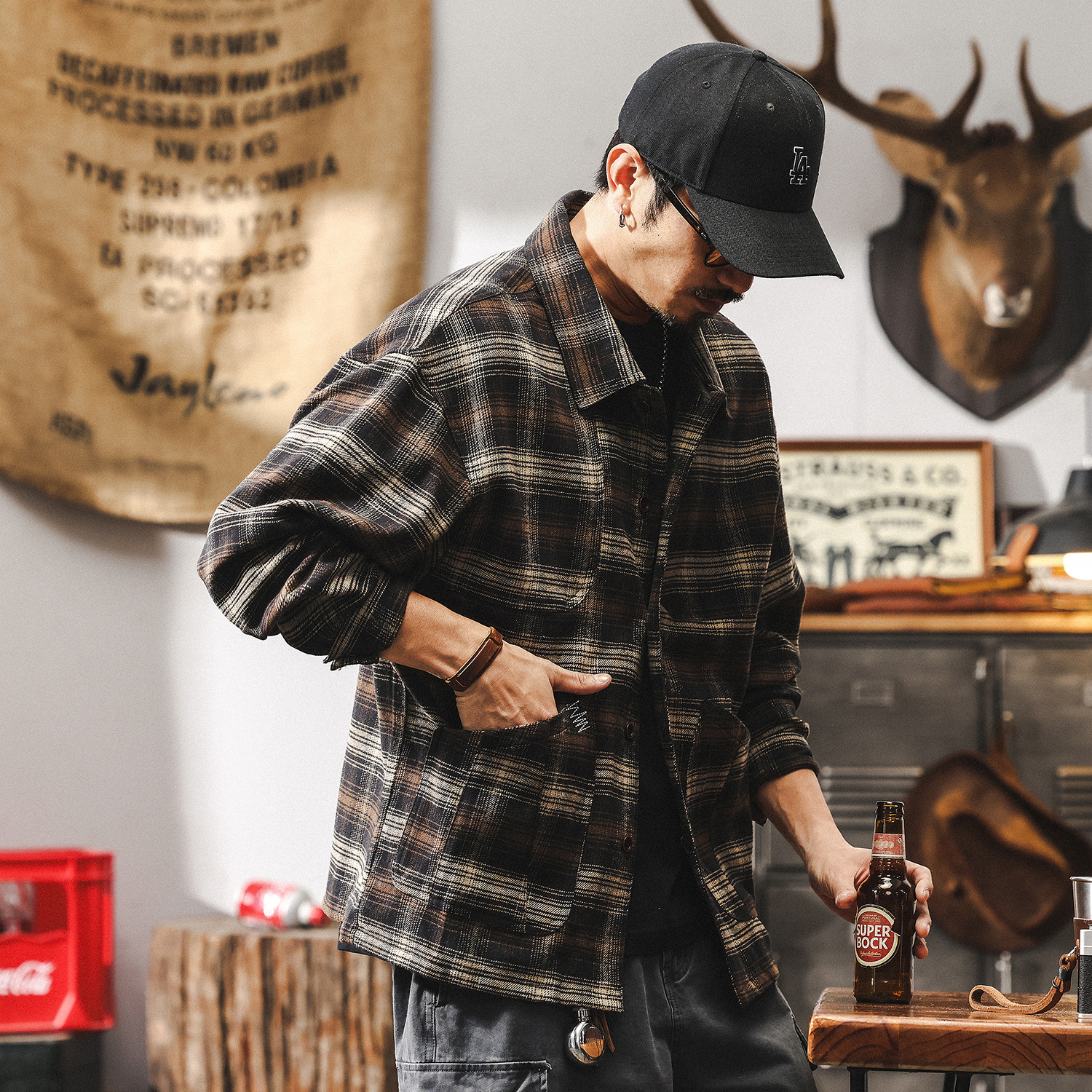 美式復古格子襯衫男長袖秋季新款2025潮牌日系寬鬆休閒襯衣外套潮