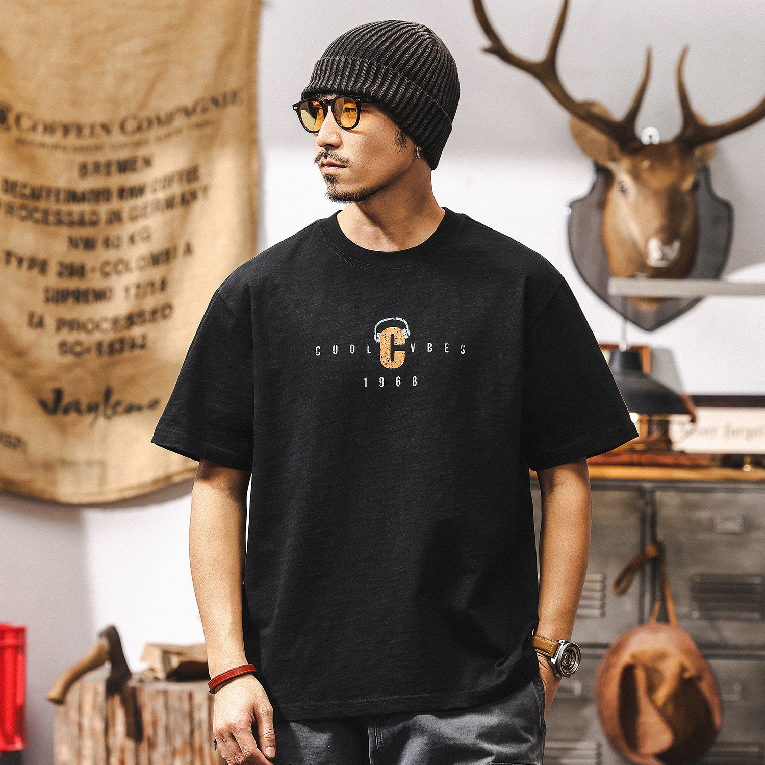 竹節肌理230g重磅短袖男士夏季T恤潮牌美式復古半截袖體恤男T上衣