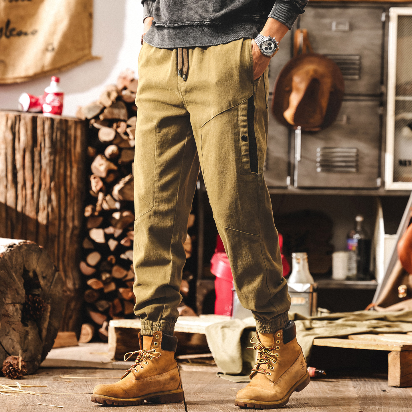 美式復古工裝褲子男秋季2025新款長褲男士拼接束腳卡其色休閒褲潮