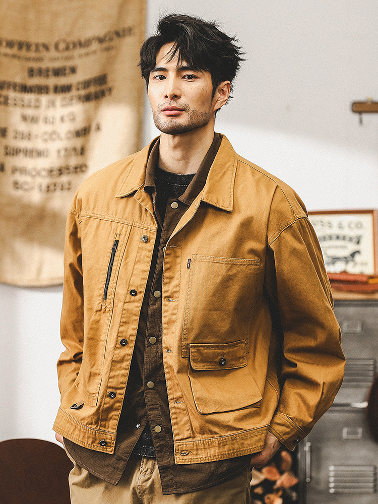 美拉德復古重磅魚骨紋工裝夾克男秋季美式潮牌硬漢獵裝外套男春秋