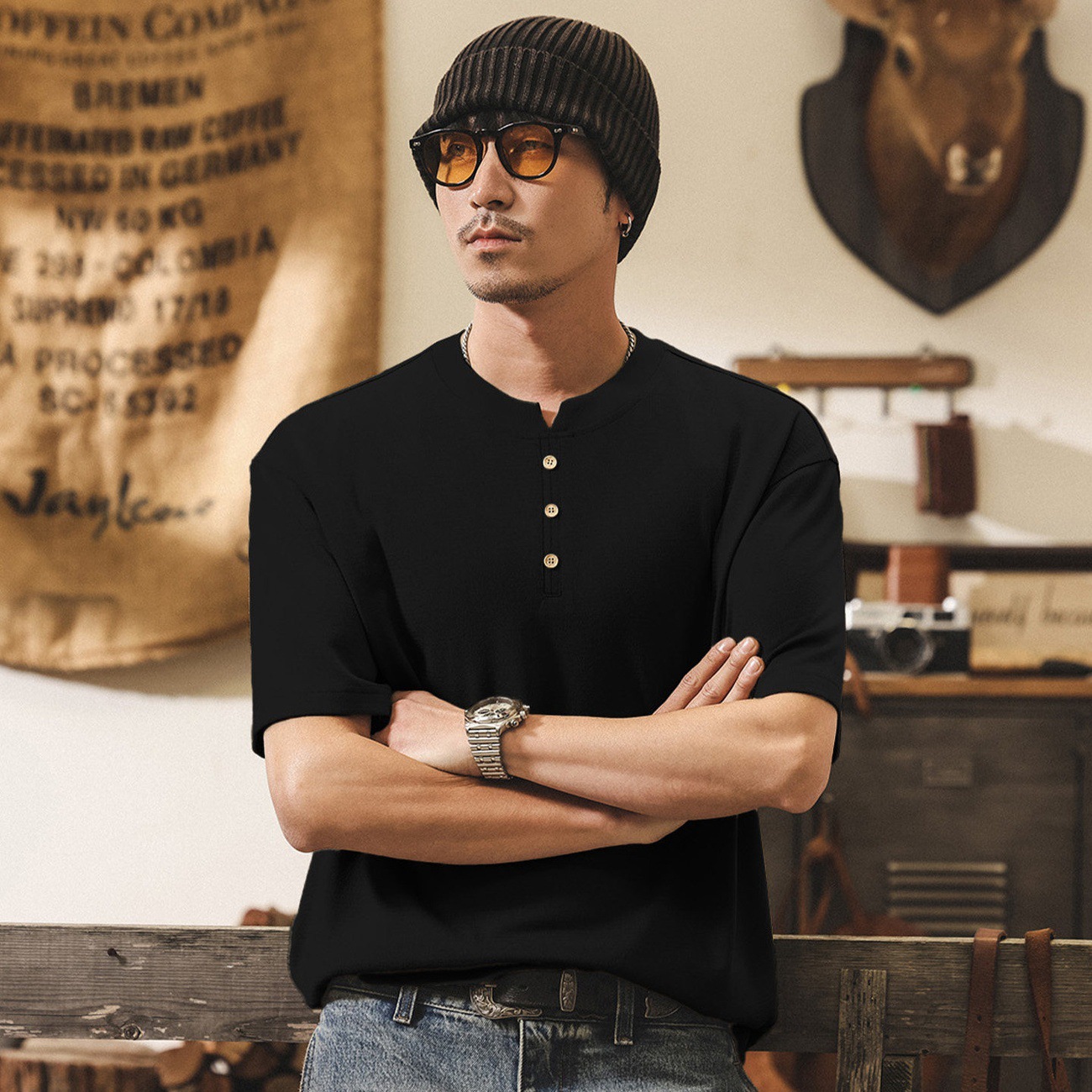 美式復古230g重磅T恤男士短袖Polo衫男夏季新款潮牌寬鬆亨利衫男