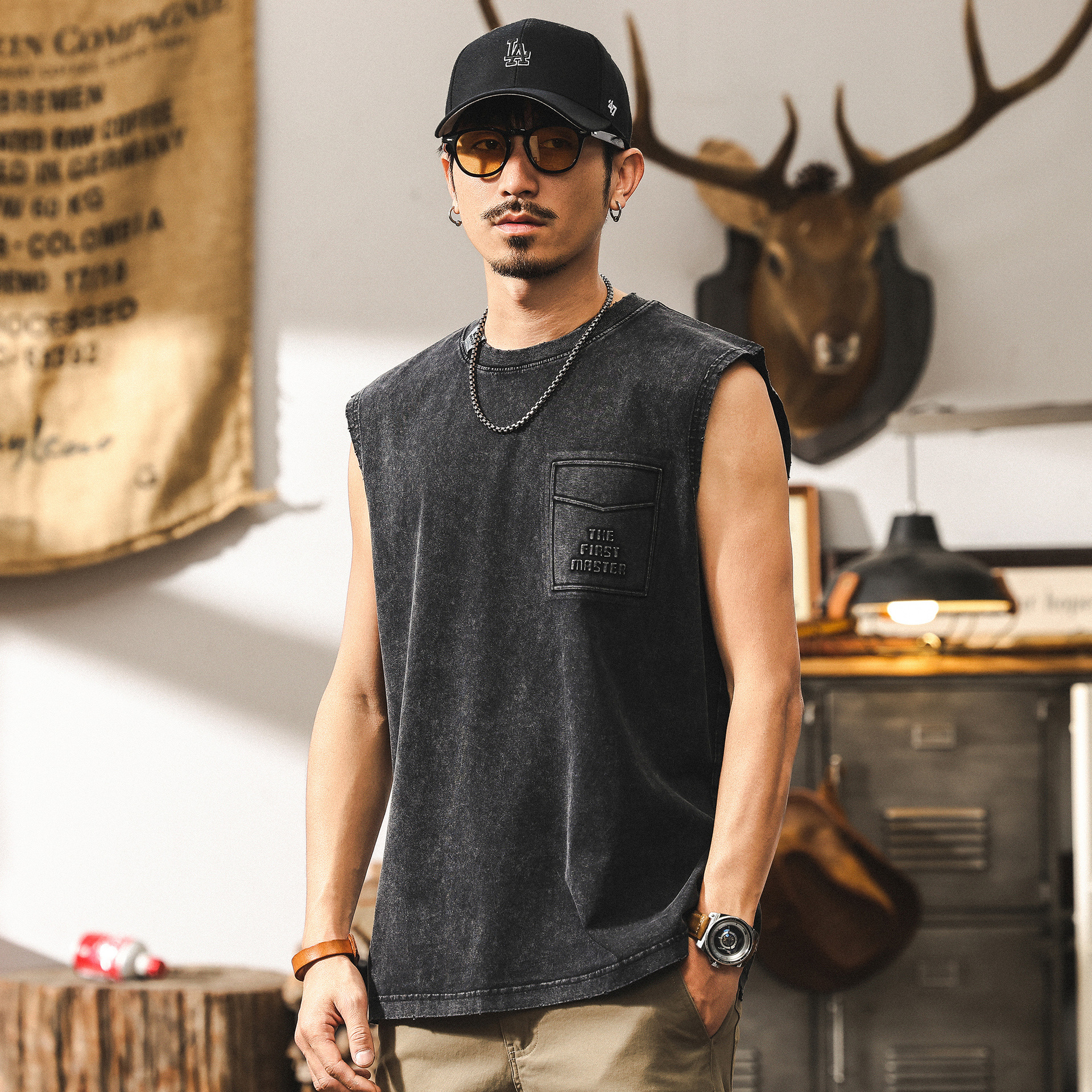 美式復古水洗做舊運動健身背心坎肩籃球訓練夏季寬鬆男士T恤