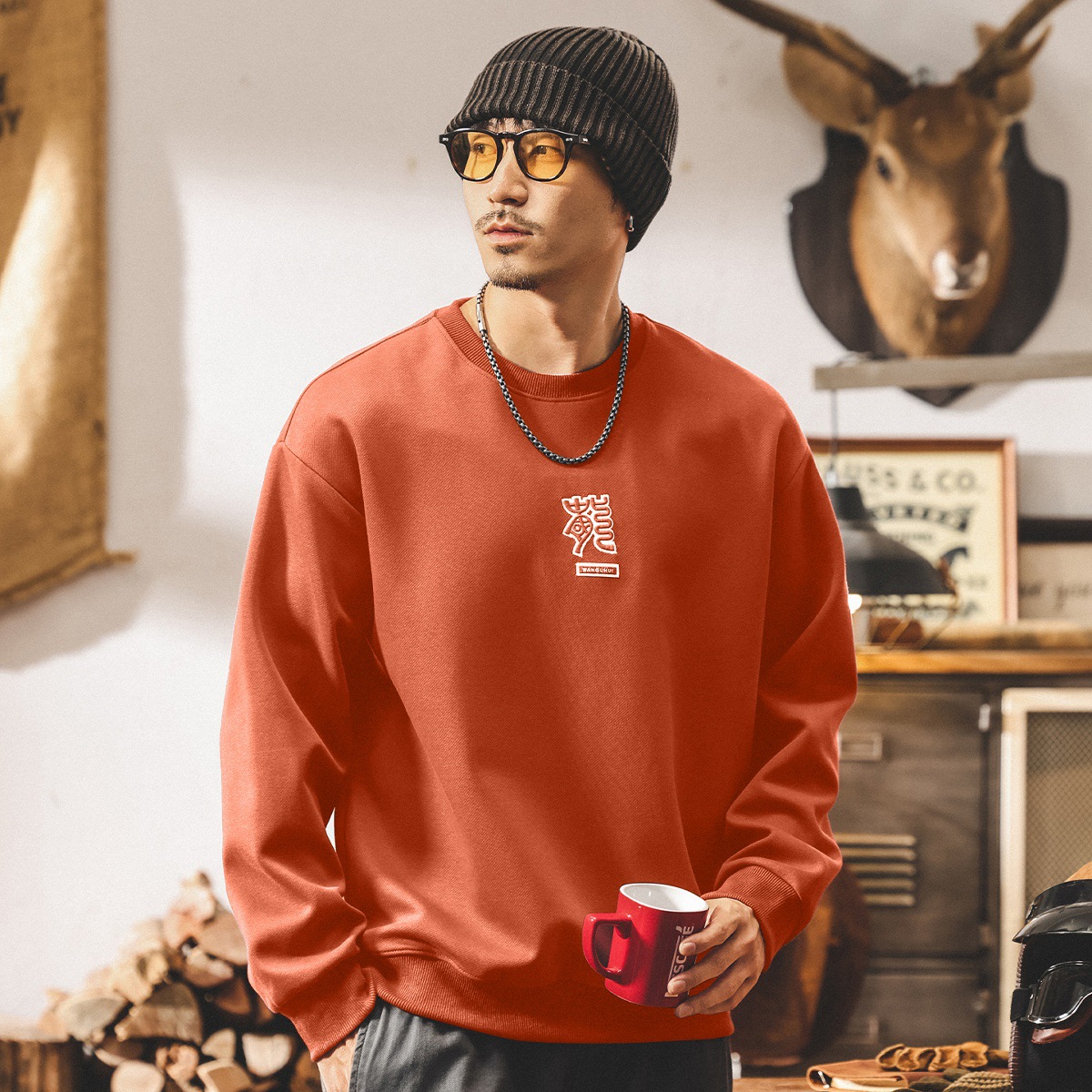 美式復古320g重磅衛衣男春秋新款2025潮牌寬鬆休閒長袖紅色上衣男