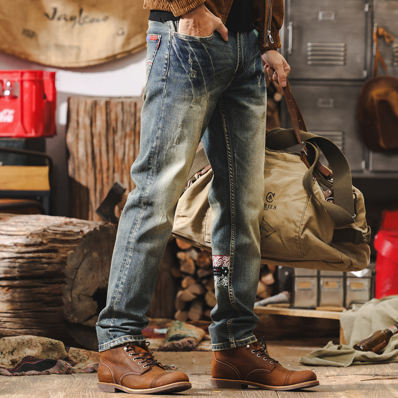 美式復古硬漢西部牛仔褲男秋季新款直筒機車痞帥硬朗男士休閒褲潮