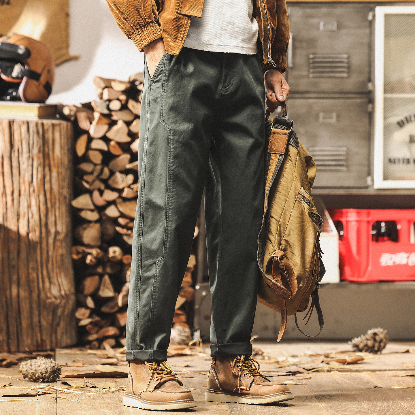 灰綠色工裝褲子男秋季寬鬆潮牌男士休閒褲2025新款美式復古長褲男