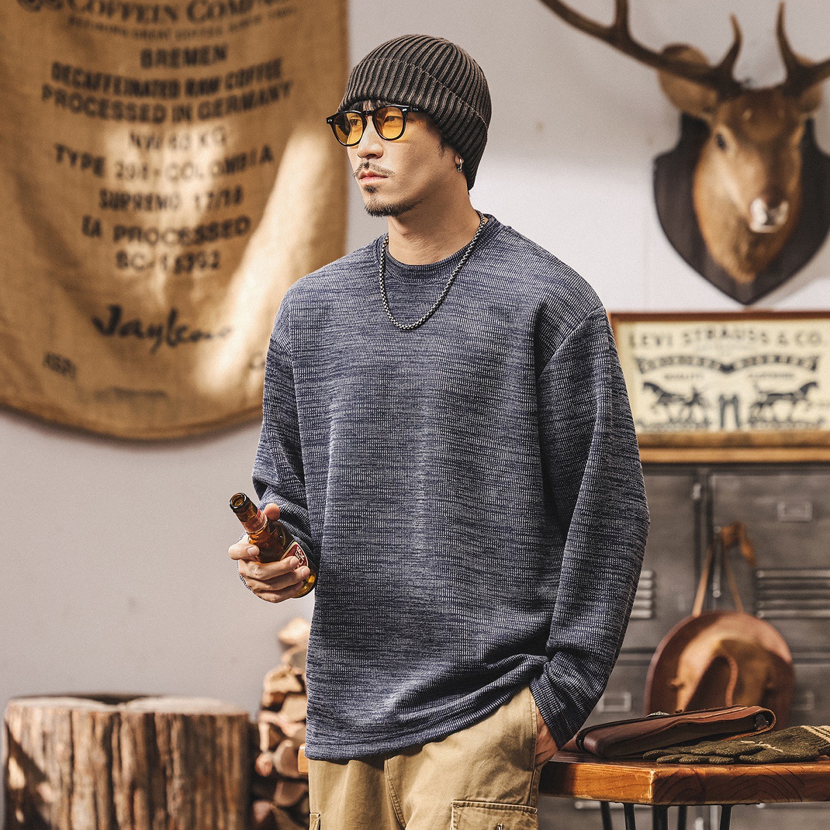 美式復古300g重磅長袖t恤男秋季新款提花肌理感寬鬆棗紅色上衣男