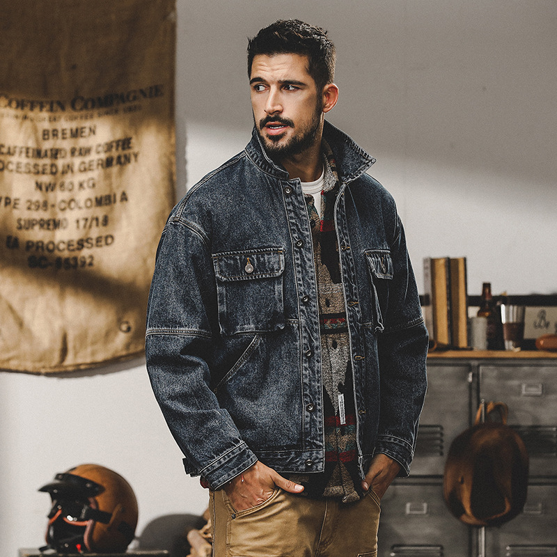 美式復古牛仔外套男硬漢潮流單排扣棉質聚酯纖維牛仔布春秋多口袋