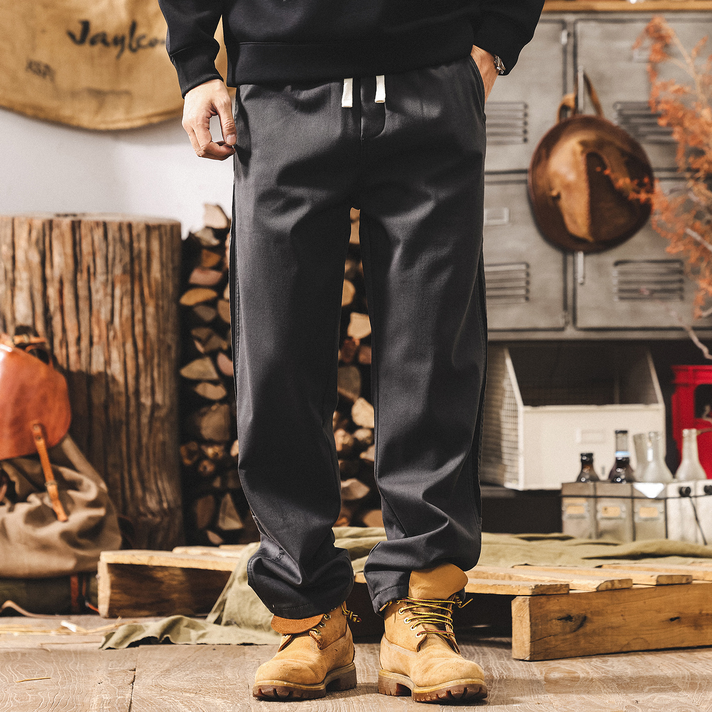 美式復古三條杠條紋加絨工裝褲子男直筒冬季加厚潮牌寬鬆休閒褲男