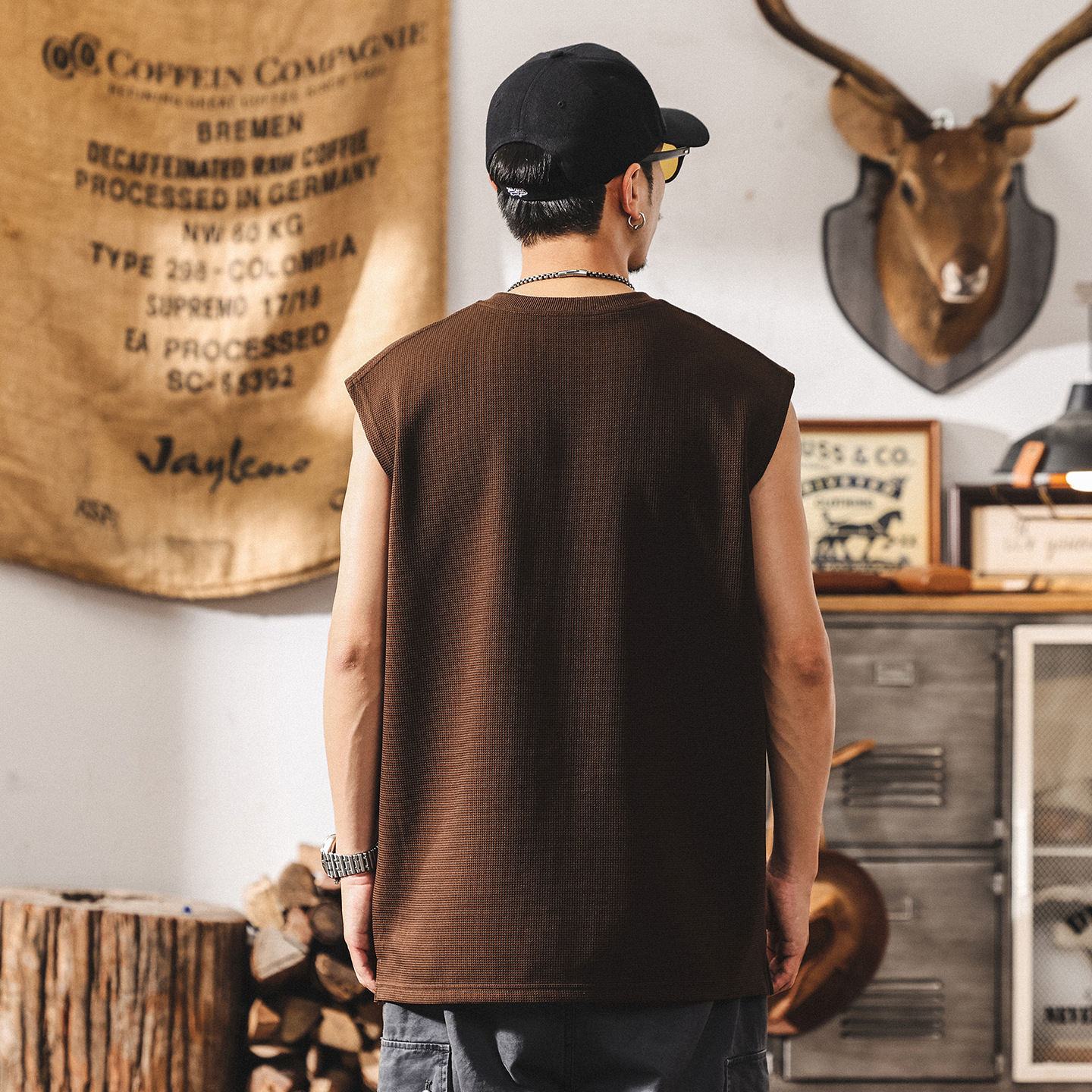 美式復古拉鍊運動健身背心男士寬鬆潮牌新款華夫格肌理感硬漢T恤