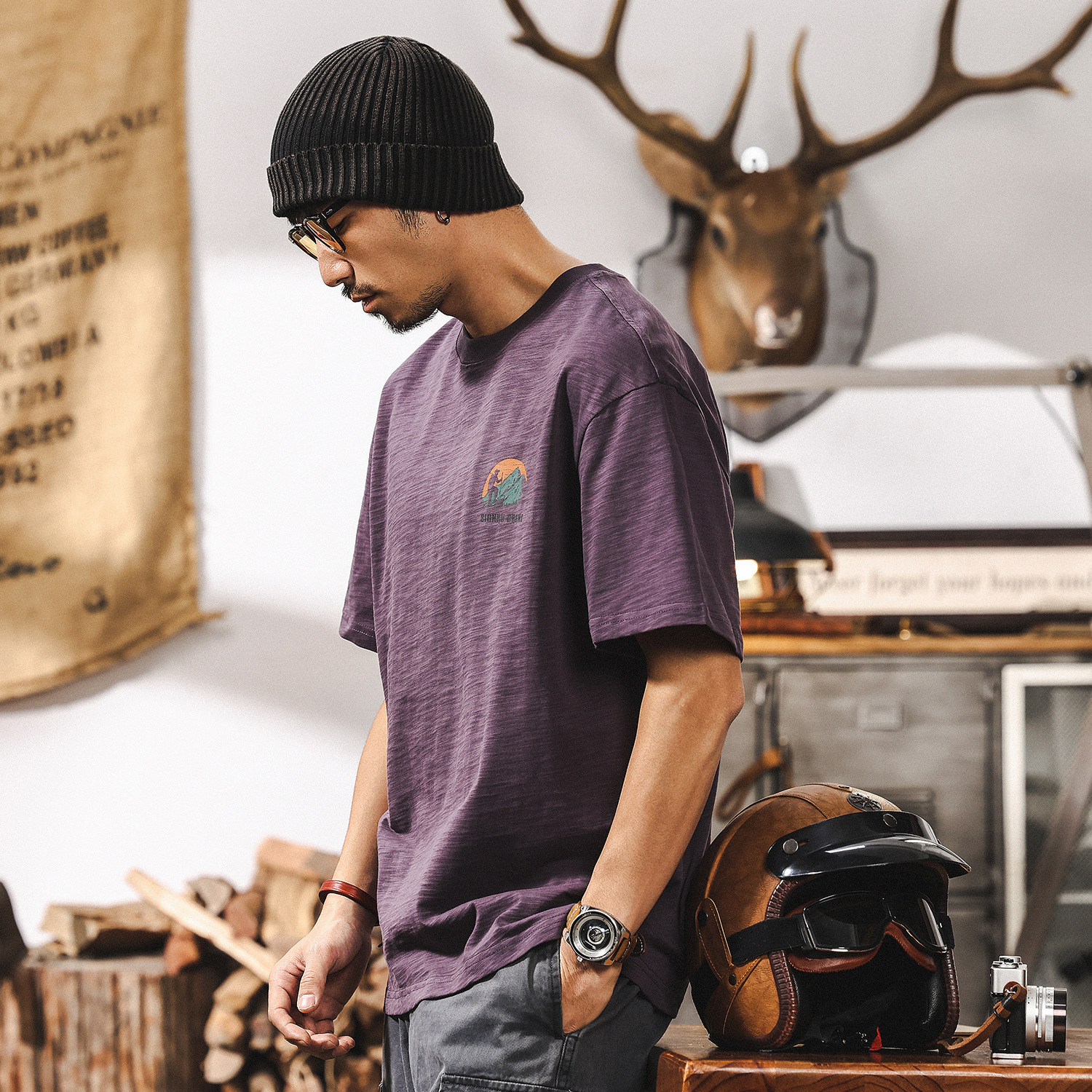 高級感竹節肌理短袖T恤男夏季潮牌美式復古戶外山系紫色休閒上衣T