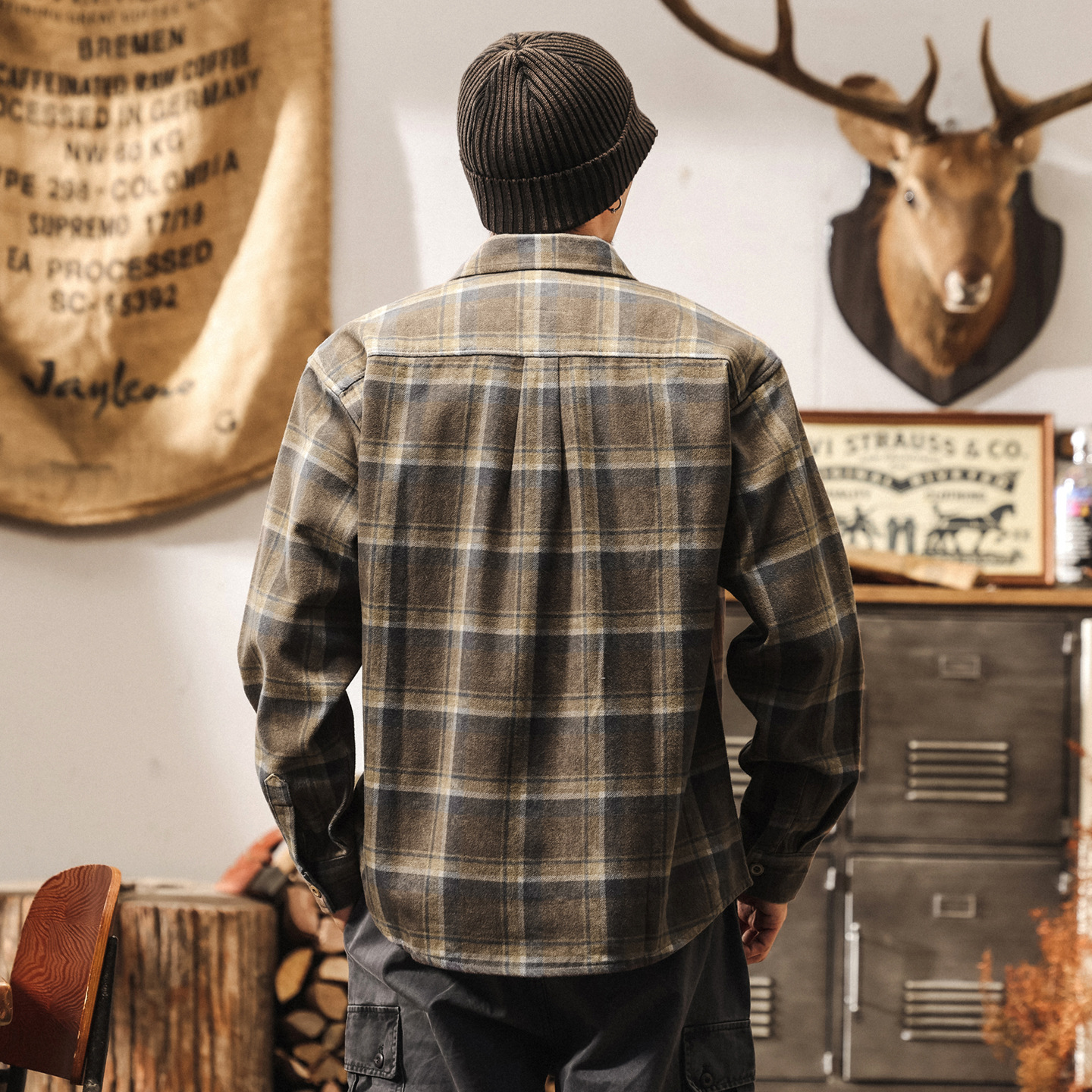 7X7斜紋萊賽爾格子襯衫男長袖秋季2025新款美式復古寬鬆襯衣外套