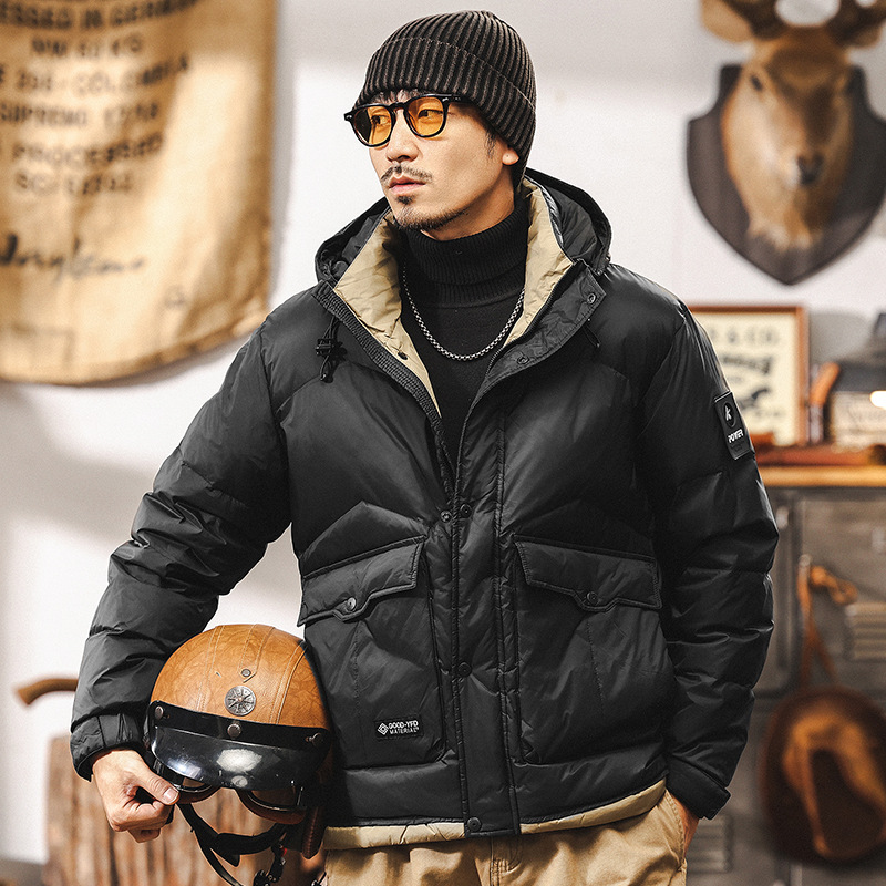 90白鴨絨美式復古工裝羽絨服男冬季加厚連帽面包服男士秋冬外套男