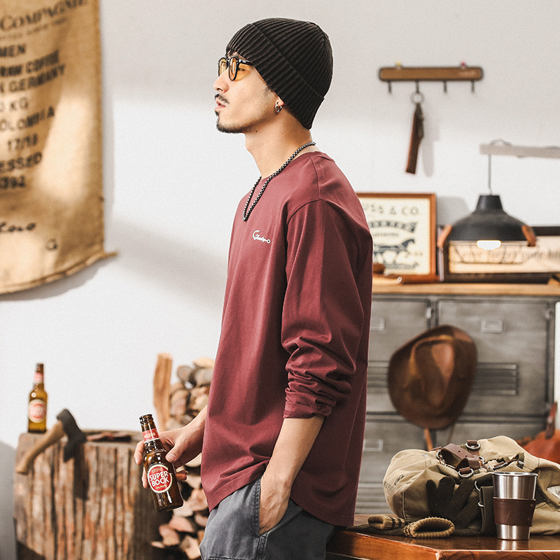 美式260g重磅長袖T恤男秋季潮牌寬鬆上衣2024新款紅色衣服男上衣T