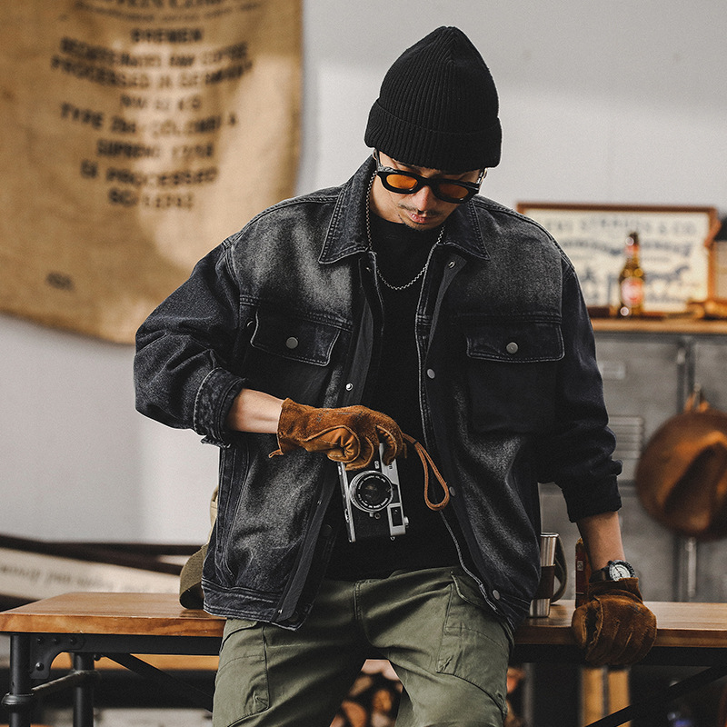春季黑色牛仔外套男潮牌拼接高級感2024新款痞帥美式工裝休閑夾克