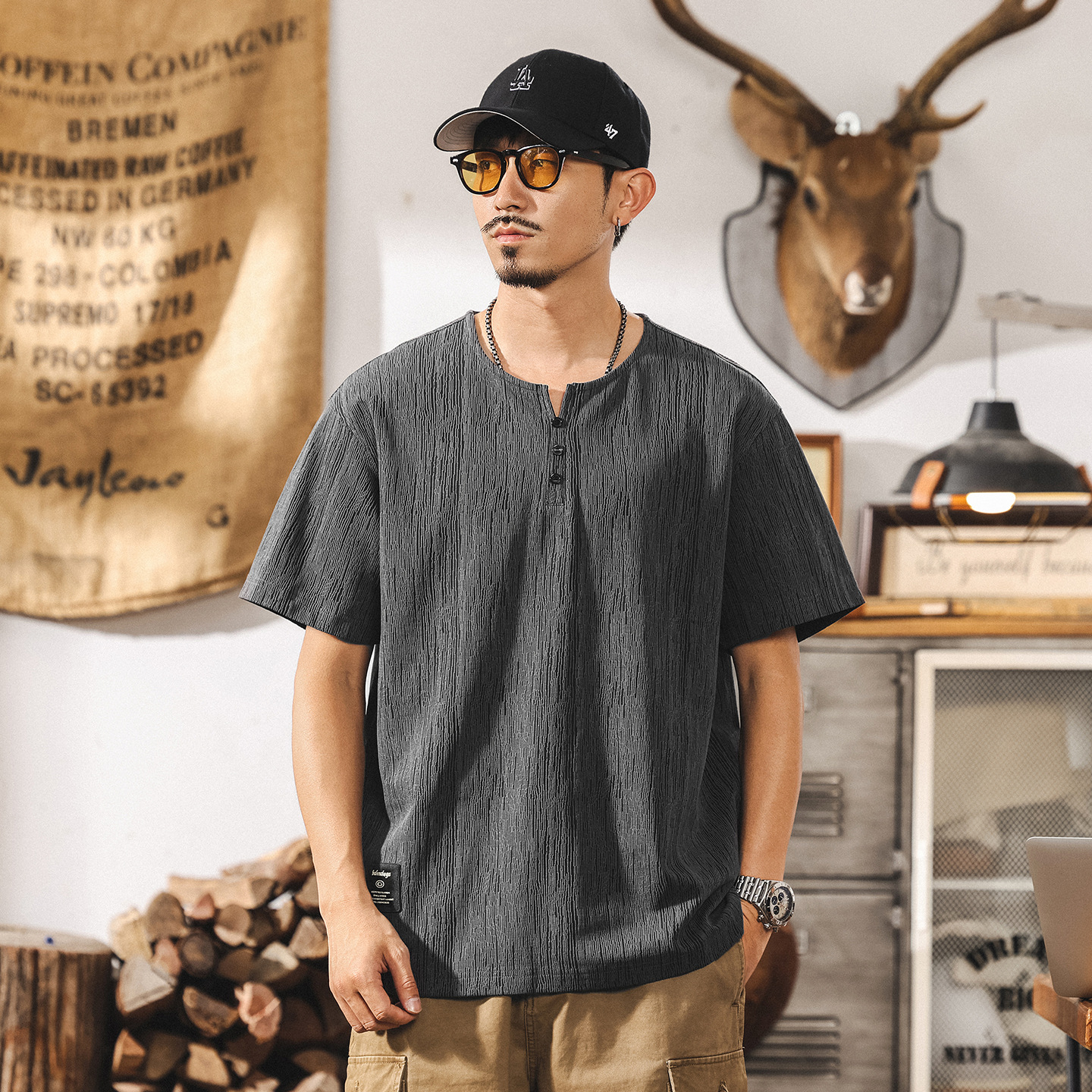 中式復古樹紋肌理感亨利領短袖T恤男夏季新款美式寬鬆重磅Polo衫