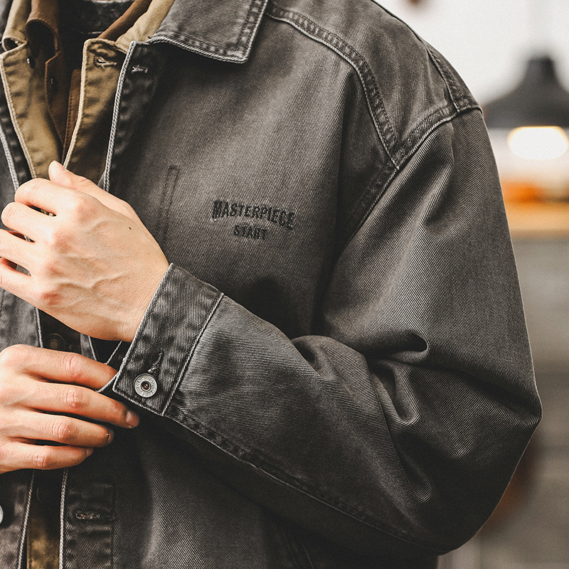 美式復古重磅牛仔外套男秋季2024新款寬鬆潮牌洗褪做舊工裝夾克男