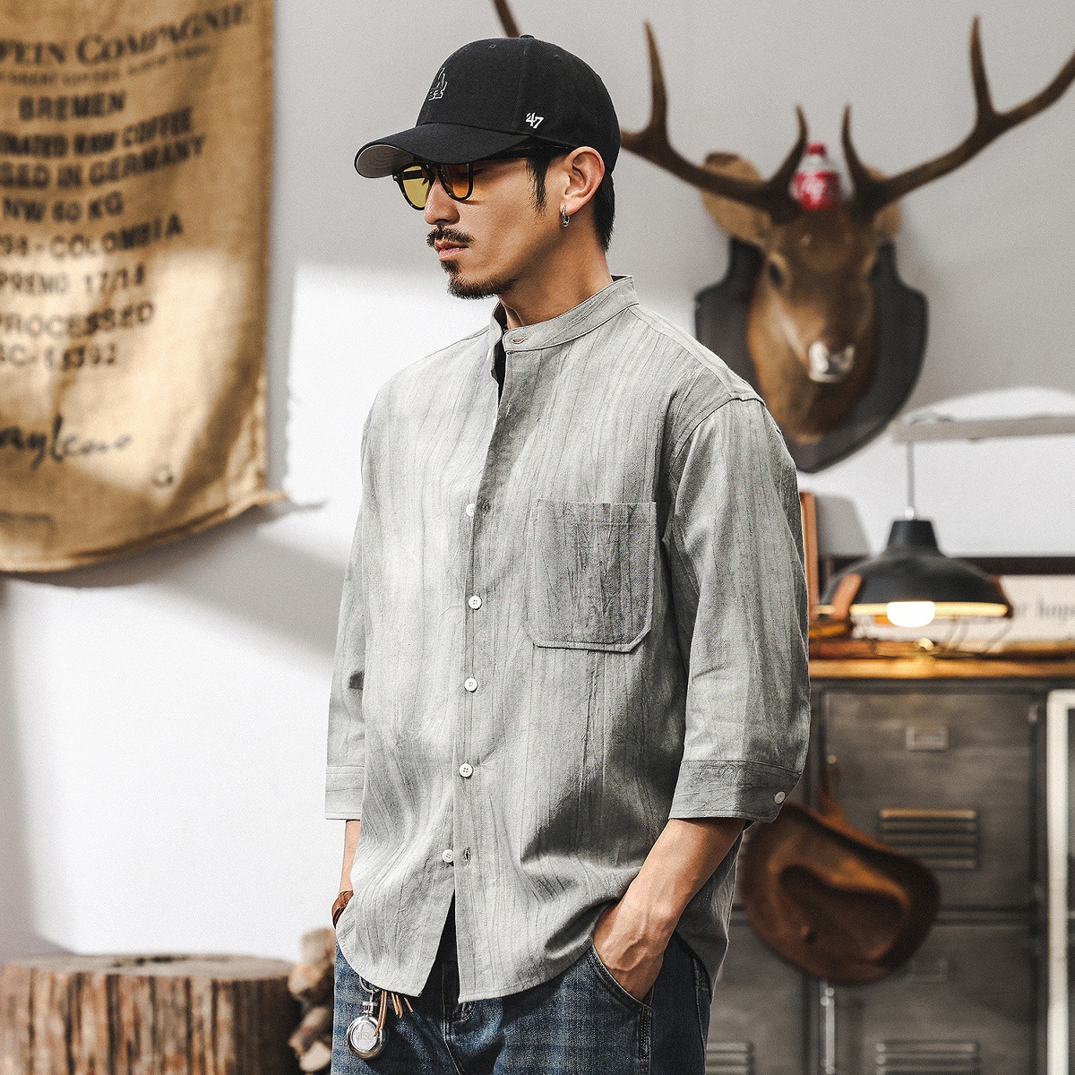 高級感棉麻七分袖襯衫男2025新款短袖男夏季薄款復古立領潮牌襯衣