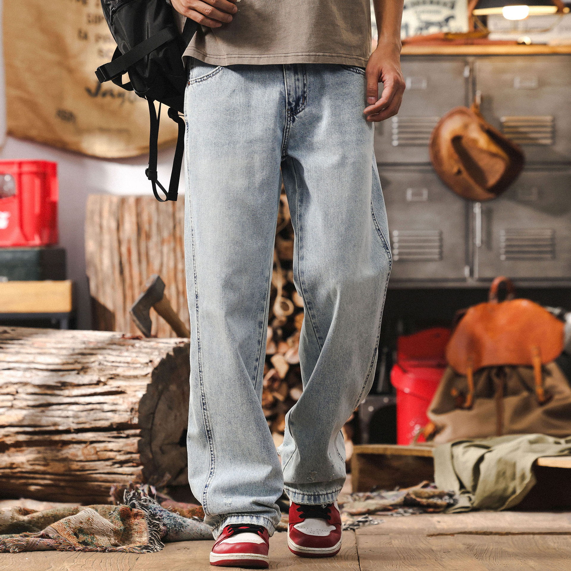 側骨拼接水洗牛仔褲男春季2025新款美式復古潮流寬鬆直筒休閒長褲