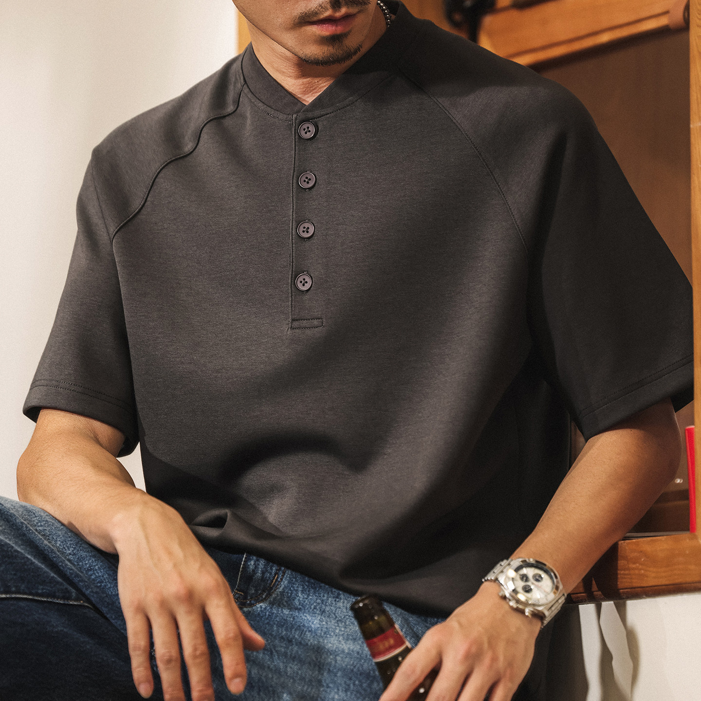 美式復古糯滑果凍棉男士Polo衫短袖夏季T恤新款寬鬆亨利衫上衣男