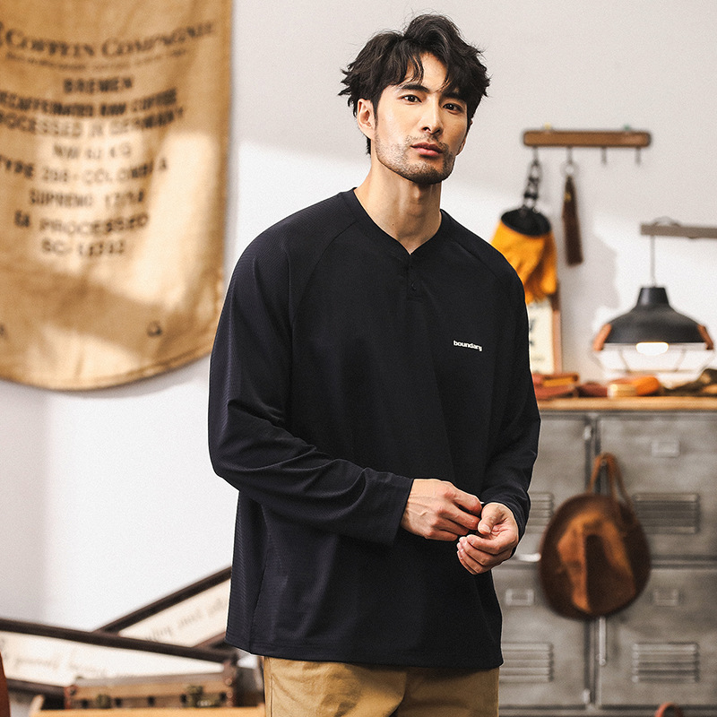 美式復古亨利領長袖T恤男秋季潮牌硬漢戶外透氣薄款男士寬鬆上衣