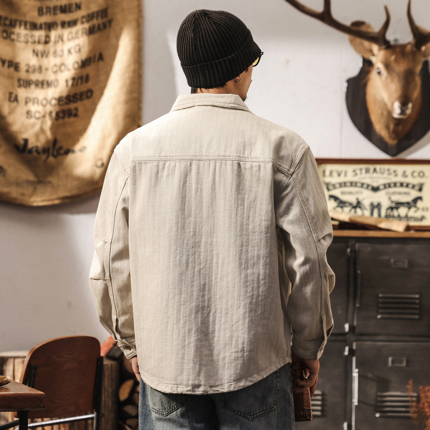 美式復古破壞風人字紋牛仔襯衫男秋季新款寬鬆工裝夾克外套男春秋