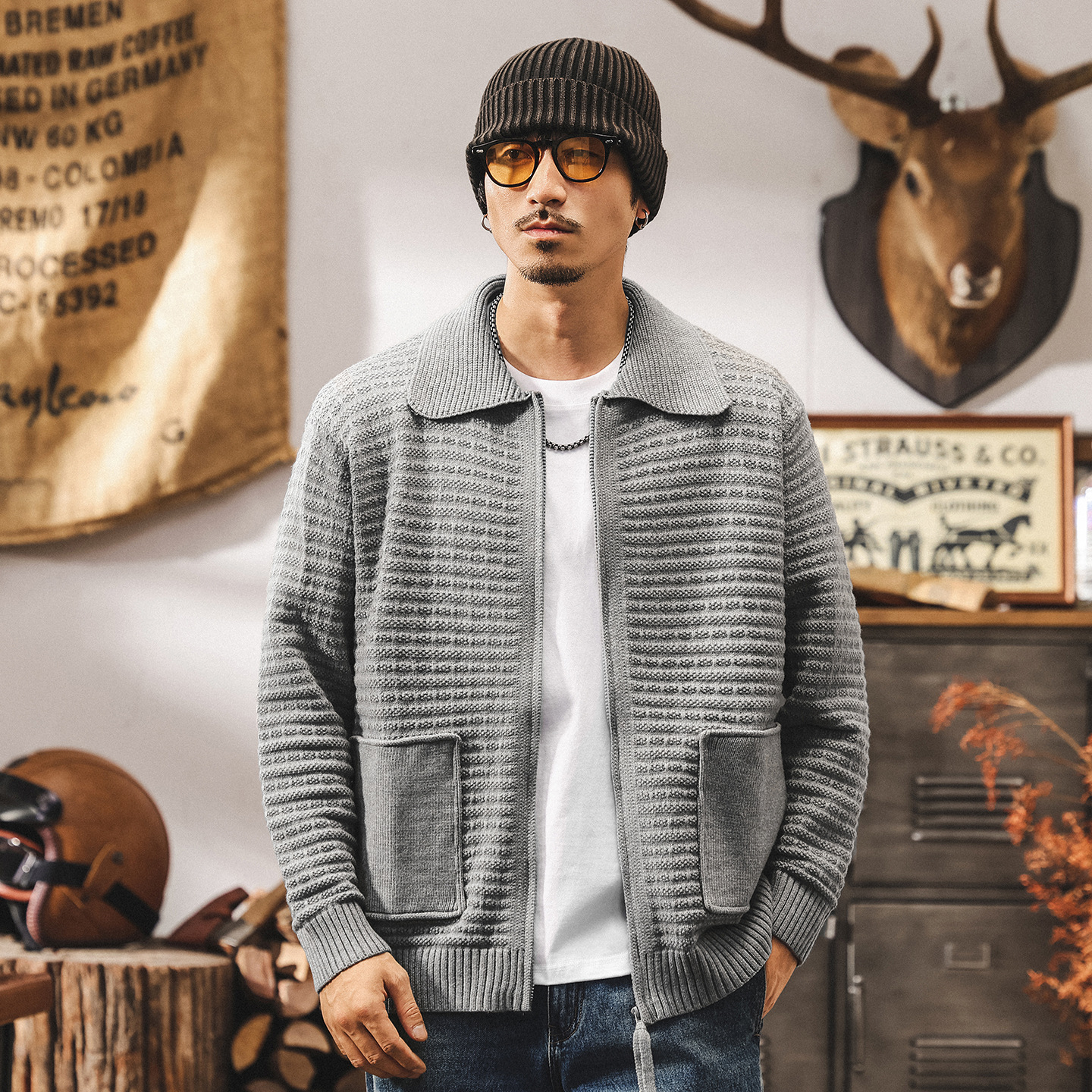 美式復古開衫毛衣外套男春秋2025新款重磅男士針織衫寬鬆秋冬上衣