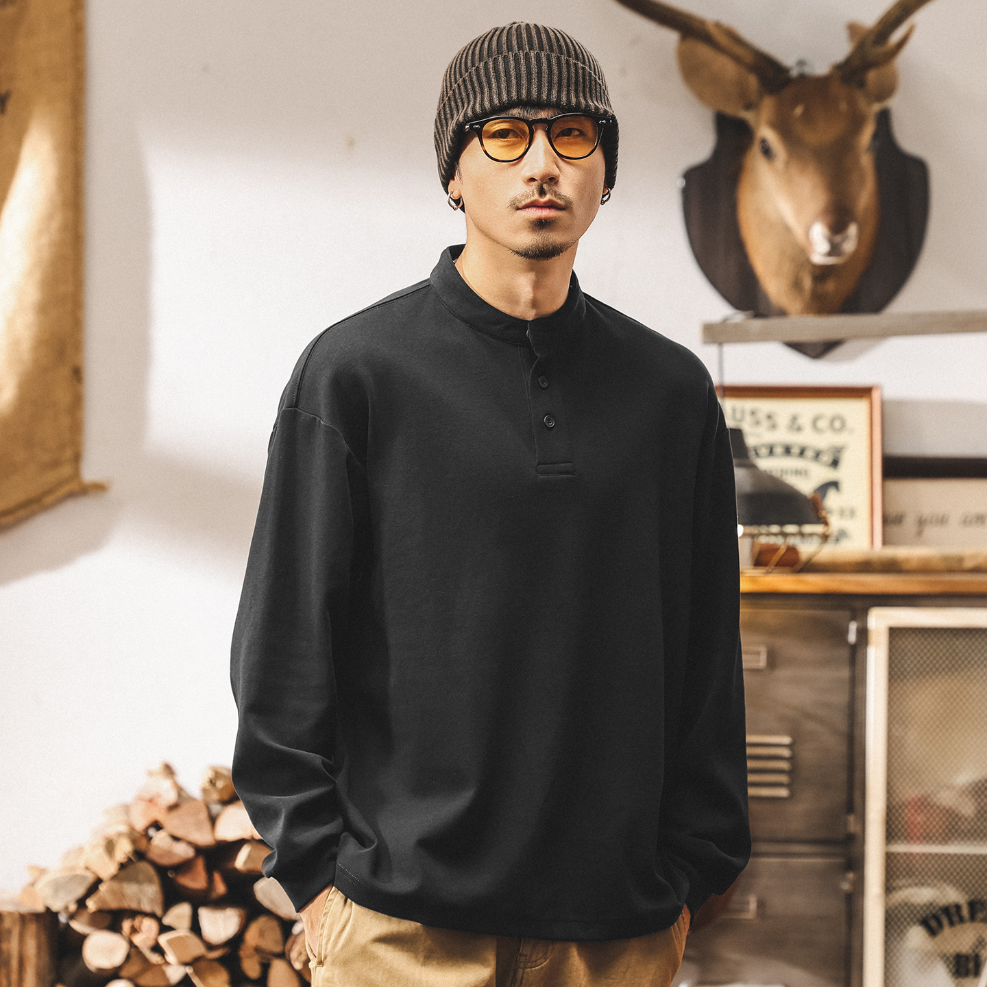 美式復古亨利領男士polo衫長袖t恤男秋季新款重磅磨毛親膚打底衫