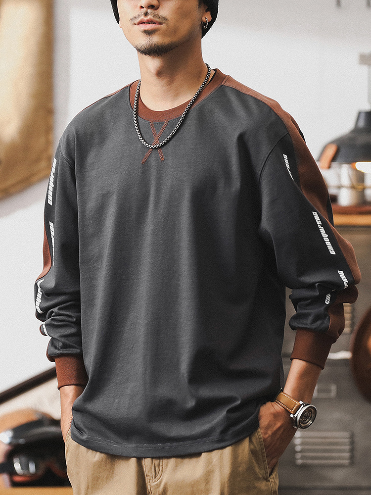 美式複古280g重磅長袖T恤男秋季撞色拼接體恤2024新款寬松衣服男
