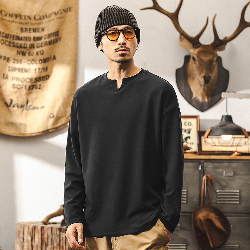 萊賽爾抗皺絲滑質感長袖T恤男秋季美式復古重磅內搭保暖打底衫男