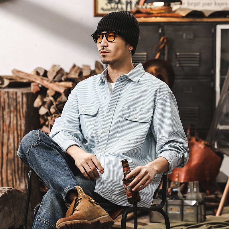 美式復古經典條紋襯衫男長袖2025新款春季日系牛津紡長袖襯衣
